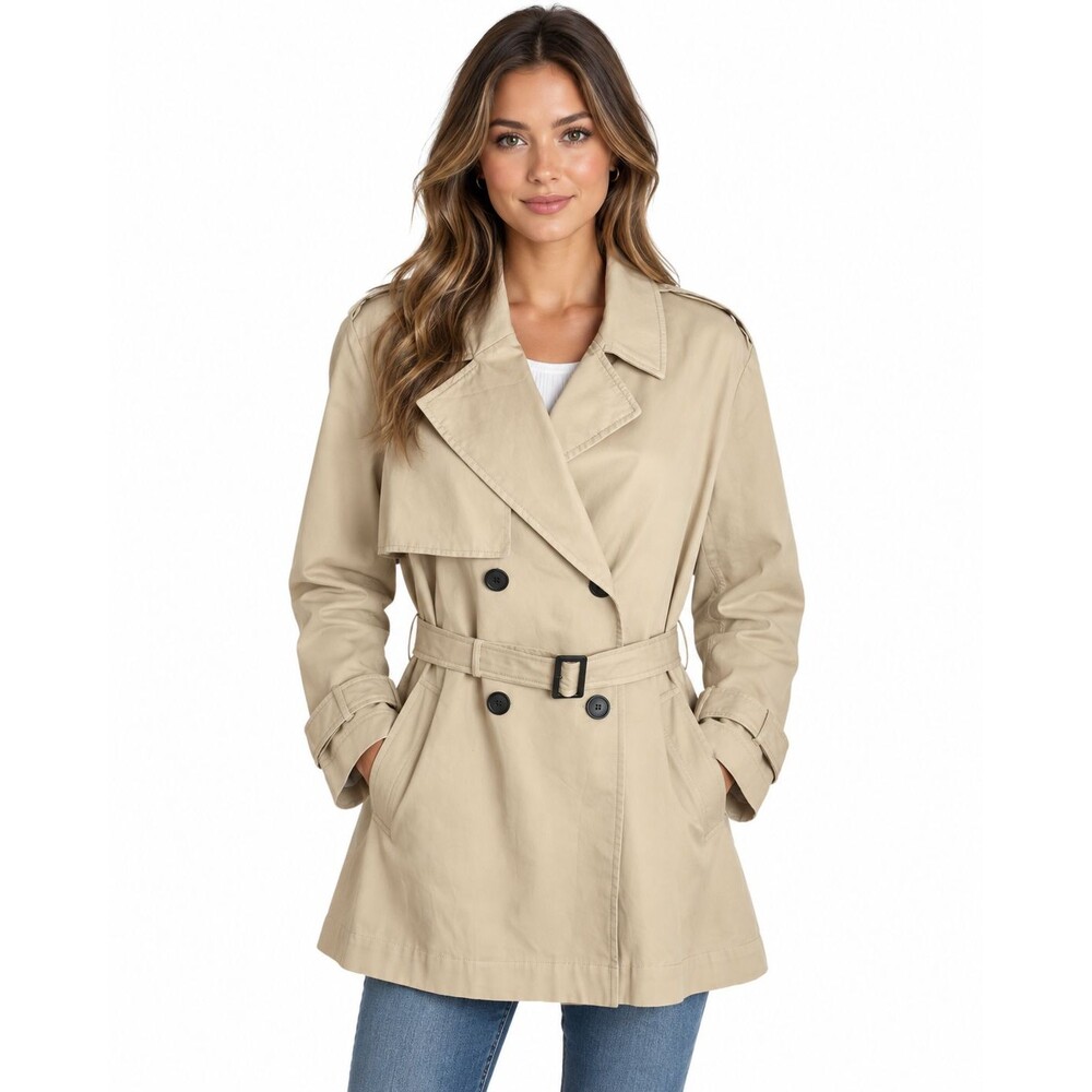 Zara Women's Double Breasted Trench Coat Beige Size Large Pockets Belted NWOT
